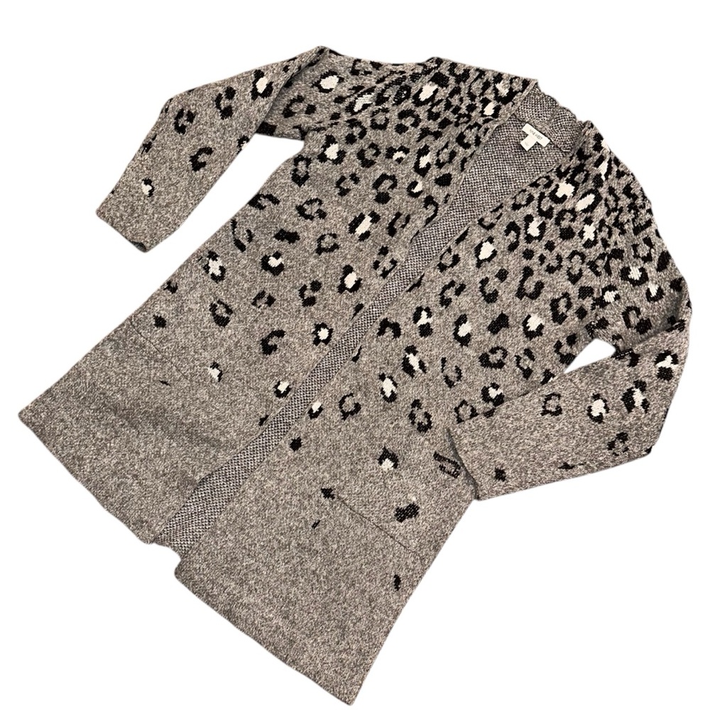 Nine West Women's Long Gray Animal Print Open Front Cardigan Sweater Size Large
